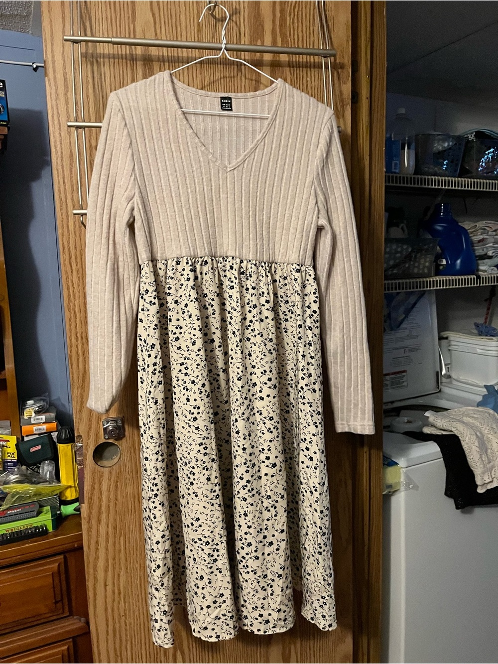 SHEIN Cream Ribbed Knit Top with Black Floral Midi Skirt Dress